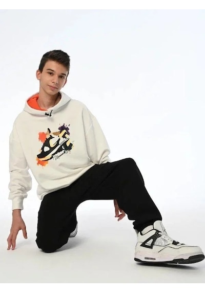 Marions Erkek Çocuk Spor Ayakkabı Baskılı Kapüşonlu Sweatshirt-13543 Ekru