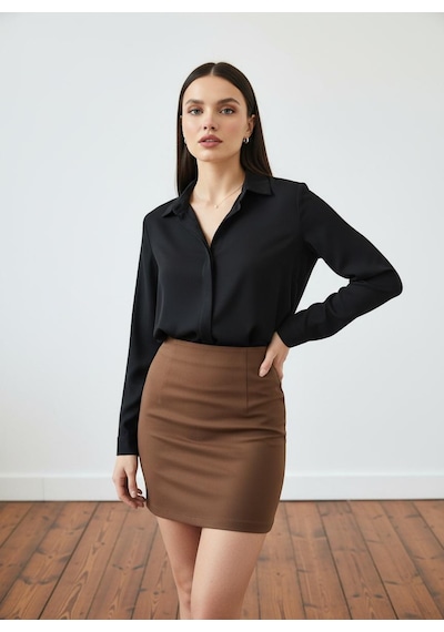 Pera Moda Basic Önü Kısa Arkası Uzun Küçük Ve Büyük Bedenli Jessica Gömlek Siyah
