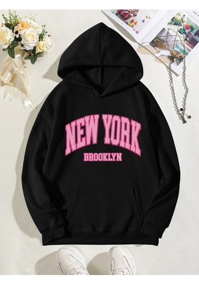 New York Brooklyn Ffcbdb Sweatshirt - Siyah Baskılı Oversize Kapüşonlu Siyah