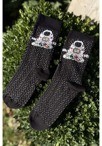 Lousocks Unisex Astronot Desenli Siyah Soket Çorap