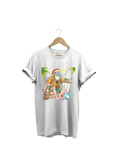 Merry Christmas Yaz Temalı Plajda Noel Baba Baskılı %100 Pamuk Unisex Regular Fit T-shirt Beyaz
