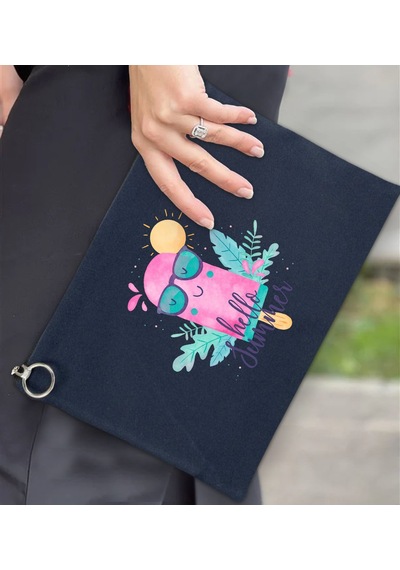 Bk Gift Yaz Temalı-5 Astarlı Lacivert Portföy Çanta 30x21cm, Baskılı El Çantası, Organizer Çanta