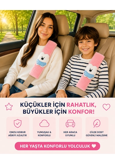 Ayıcık Pembe Emniyet Kemeri Aksesuarı - Emniyet Kemeri Kılıfı - Araç Emniyet Kemeri Omuz Koruyucu 1 Adet