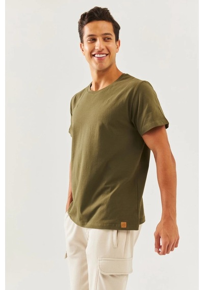Erkek Oversize Rahat %100 Pamuklu Penye Bisiklet Yaka Kısa Kol Basic T-shirt Classic Collection Haki