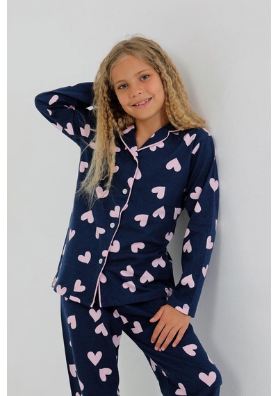 Kız Çocuk Uzun Kollu %100 Pamuklu Düğmeli Pijama Takımı Heartie Indigo