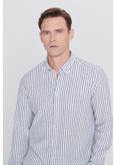 AC&Co / Altınyıldız Classics Erkek Beyaz Hakı Slim Fit Dar Kesim Düğmeli Yaka Çizgili Keten Gömlek Beyaz Hakı