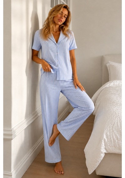 Kadın Loose Kalıp Pamuklu Mavi Pijama Takımı