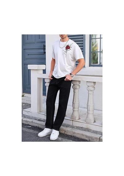 Erkek Kısa Kol Yazlık Tişört Bisiklet Yaka Gül Baskılı T-shirt - Beyaz Siyah