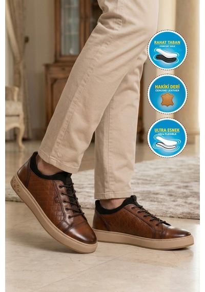 Taba Kroko Desenli Hakiki Deri Erkek Sneaker Çok Renkli