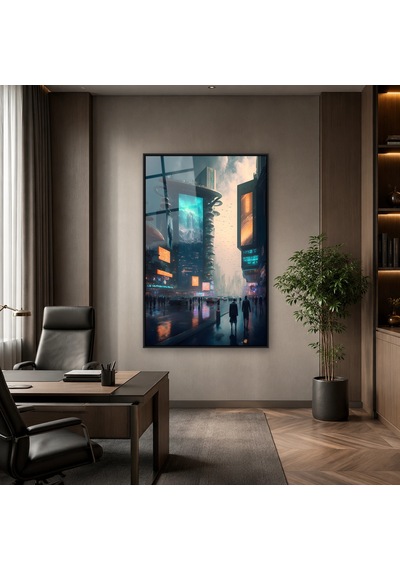 Neon Ekranlı Yağmurlu Cadde Siyah Çerçeveli Cam Tablo