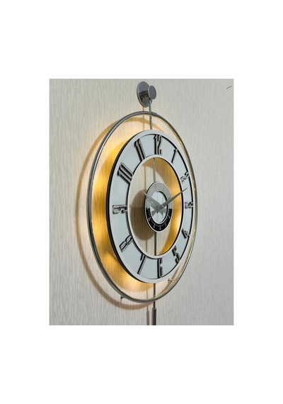 Pey Aksesuar Metal Camlı Duvar Saati Krom Statık 50 X 70cm Orta Boy Işıklı M51-kromgrı-şeffaf-beyaz-gümüş Gri