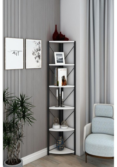 Datça 6 Raflı Metal Köşe Kitaplık Rafı Dekoratif Aksesuar Rafı 180 Cm Beyaz Beyaz