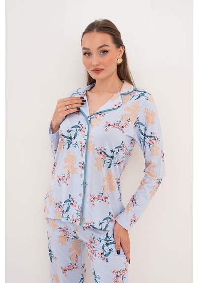 Çift Kaplan Kadın Pamuk Modal Gömlek Yaka Önden Açık Mavi Pijama Takımı 7003 Mavi