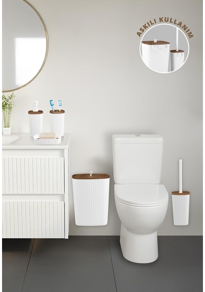 Safir Beyaz Ahşap Desenli Çizgili Banyo Seti 5 Parça Plastik