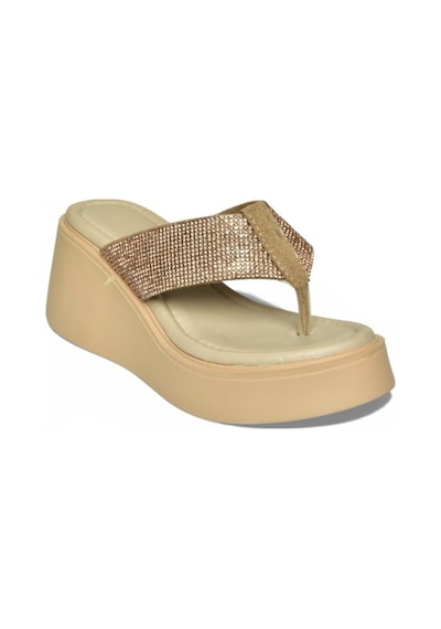 Fox Shoes Y973525409 Bej Taş Detaylı Parmak Arası Kalın Tabanlı Kadın Terlik