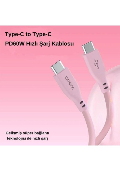 Omars OMCB011B 60W 3A Type-c To Type-c Silikon PD Hızlı Şarj Ve Data Kablosu Pembe 1 M