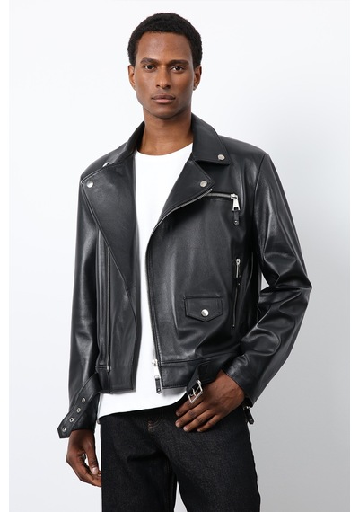 Antioch 100% Deri Biker Ceket Siyah