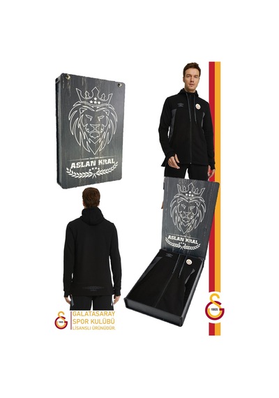 Galatasaray Orijinal Lisanslı Kapüşonlu Siyah Fermuarlı Hoodie Hediyelik Ahşap Kutulu Siyah