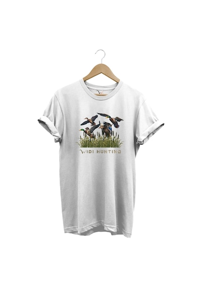 Widi Hunting Avcılık Ördek Avı Baskılı %100 Pamuk Regular Fit Bisiklet Yaka Beyaz T-shirt Beyaz
