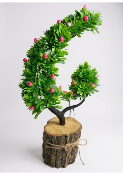 Yapay Çiçek Pembe Çiçekli Bonsai Ağacı Dekoratif Kütük Saksıda Yapay Ağaç Bonzai Hilal Model