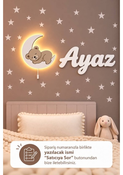 El Boyaması Ahşap Aylı Ayıcık Lamba & Işıksız İsimlik Seti İsimli Bebek Ve Çocuk Odası Dekoru Bej