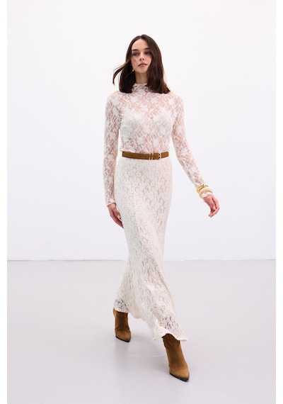 Sateen Dantelli Uzun Etek - Bej-136892 Bej