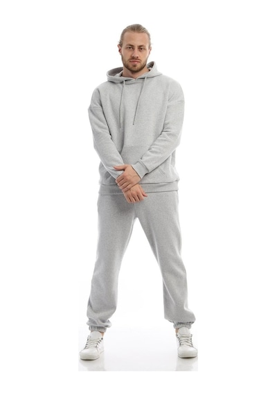 Polostate Erkek Kapüşonlu Kanguru Cepli Sweatshirt Gri Melanj