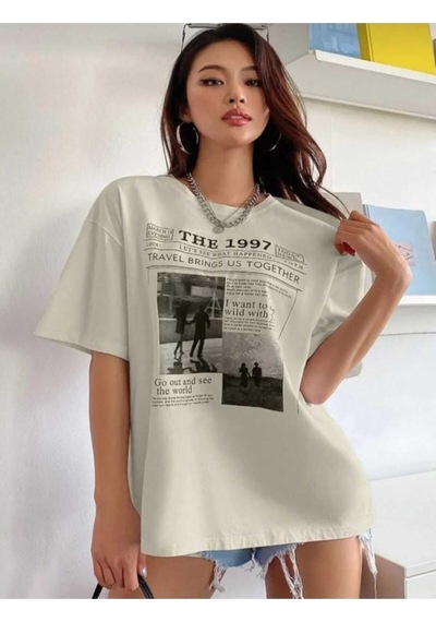 Kozia Outdoors Gazete Baskılı Oversize Unisex O Yaka Basic T-shirt Bej