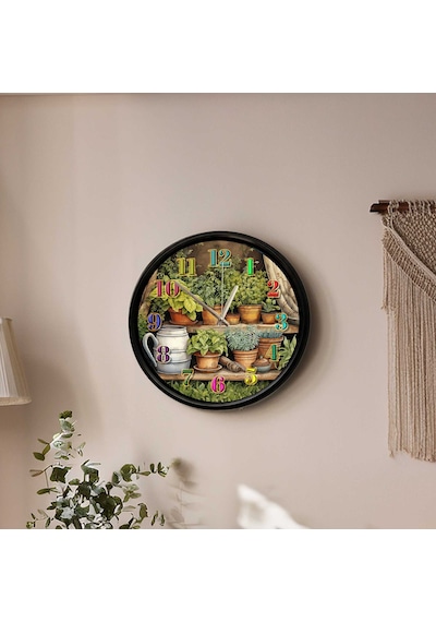 Botanik Saksı Tasarımlı Dekoratif Duvar Saati 28 Cm Sessiz Mekanizma Çok Renkli