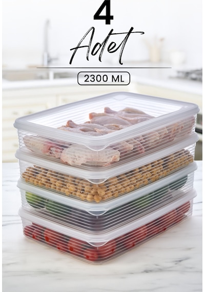 Kitchen Life 4 lü 2300 ML Buzdolabı ve Mikrodalga Saklama Kabı - Buzdolabı Organizeri Saklama Kutusu Şeffaf