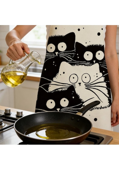 Valkyrie Siyah Beyaz Kedi Desenli Mutfak Önlüğü Cepli Unisex Mutfak Pişirme Temizlik Servis Önlüğü Siyah - Beyaz