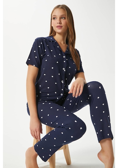Ritnice Kadın Mia Yumuşak Doku Lacivert Kalp Desen Ön Düğmeli Kısa Kollu Pijama Takımı Lacivert