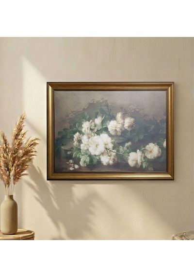 Antika Gold Çerçeveli Yatay Vintage Gül Dalı Tablosu - Nostaljik Salon Duvar Dekoru 80x60cm