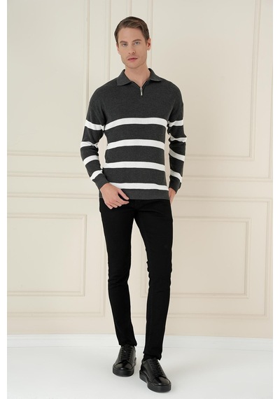Efor Slim Fit Çizgili Fermuarlı Polo Yaka Antrasit Triko Kazak Tr 877 Antrasit