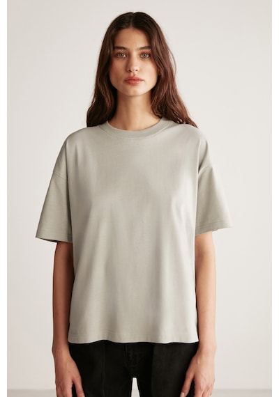 Grımelange Jemmy Kadın %100 Organik Pamuk Relaxed Fit Yırtmaçlı Yuvarlak Yakalı Açık Gri T-shirt Açık Gri