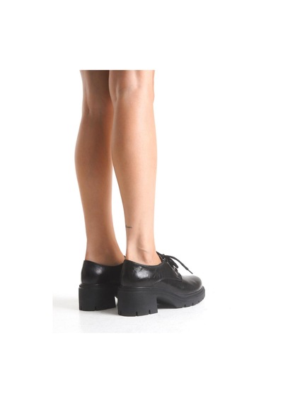Aymood K-707 Siyah Kırışık Rugan Yüksek Tabanlı Bağcıklı Loafer Ayakkabı Siyah
