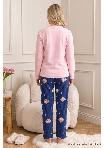 Siyah İnci Pembe Nakışlı Alt-üst Polar Kışlık Örme Pijama Takım 26222127