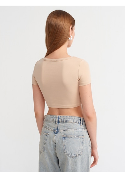 Dilvin Kısa Kollu Crop Top Bej Açık Bej