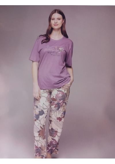 3nbe Kadın Büyük Beden Kısa Kollu Pijama Takımı Mor 2461