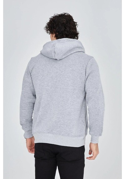 Erkek 3 İplik Pamuklu Fermuarlı Kapüşonlu Kanguru Cepli Baskılı Hoodie Hırka Sweatshirt - Gri