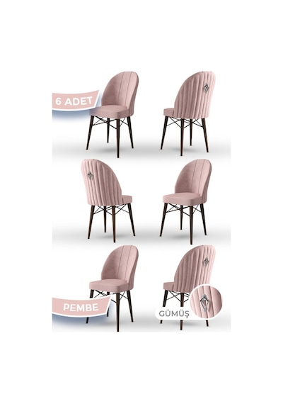 Canisa Ritim Serisi 6 Adet Pembe Sandalye 1.sınıf Babyface Ithal Kumaş Ceviz Gürgen Ayak Gümüş Halkalı Sandalye Pembe Ayaklar Ceviz