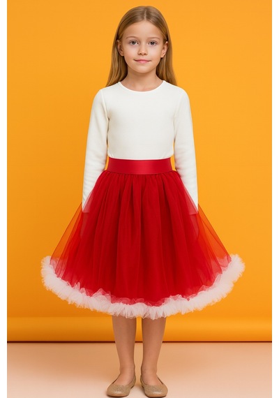 Esila Kids Kız Çocuk Etek Kırmızı Ve Beyaz Renkli Kemerli Şık