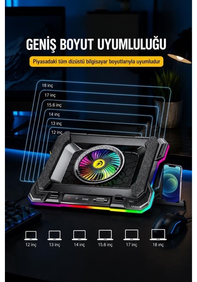 Laptop Soğutucu Ayarlanabilir Rgb Dizüstü Bilgisayar Soğutma Fanı Cf07 Siyah