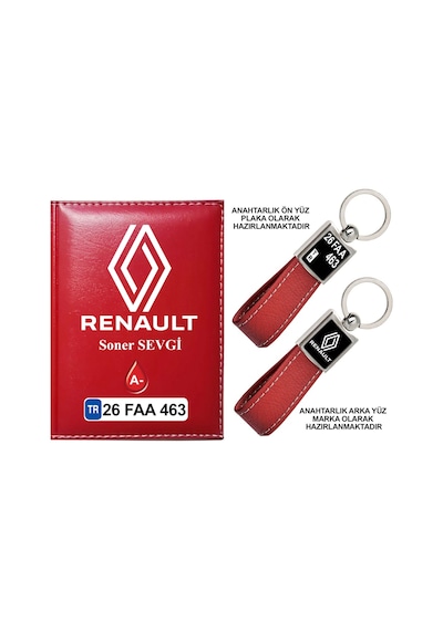 Plakanıza Özel Yeni Renault Logolu Kırmızı Ruhsat Kabı Ve Anahtarlık
