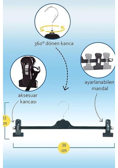 Pantolon Askısı Plastik Siyah Mandallı 38 Cm Etek Şort Giyim Askısı 3 Adet Diğer