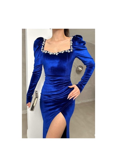 DefyModa Kadın Hediyelik Kare Yaka Taş Detaylı Uzun Kollu Abiye Elbise Saks