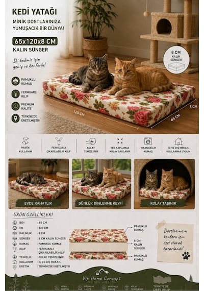Xl Büyük Irk Köpek Yatağı Süngerli Fermuarlı Yıkanabilir Kılıflı Köpek Minderi 65x120x8 Cm-ingiliz Gülü