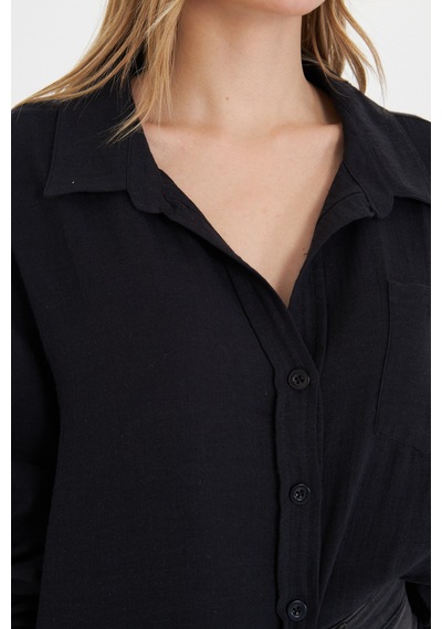 Thiffgymwear Kadın Oversize Basic Cepli Müslin Gömlek Siyah