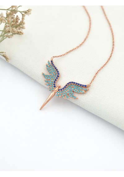 Brezza Lusso Jewelry Mikail Meleği Mavi Firuze Taşlı Kadın Gümüş Kolye 45 CM