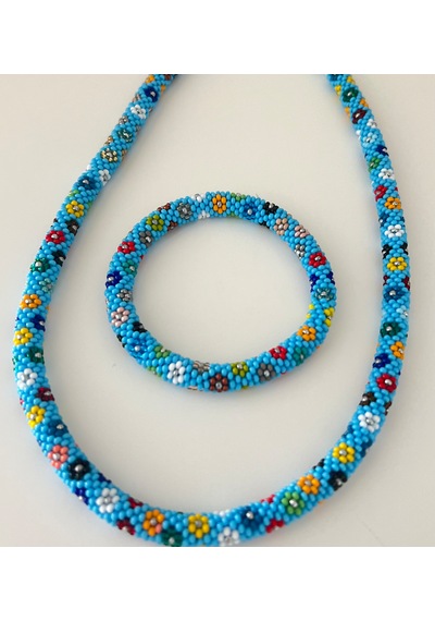 Chichibeads Mavi Papatya Desenli Kolye Bileklik Set Beyaz - Mavi